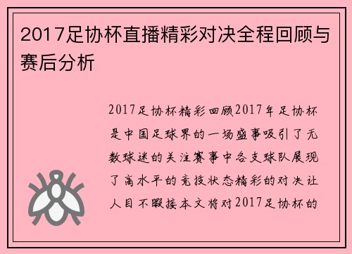 2017足协杯直播精彩对决全程回顾与赛后分析