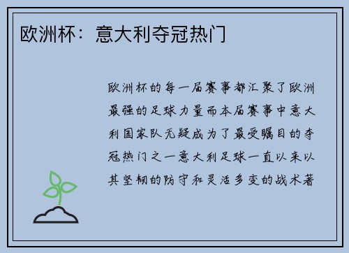 欧洲杯：意大利夺冠热门
